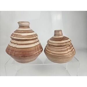 Banded Stone Lidded Jars Pair Natural Stone Decor Set